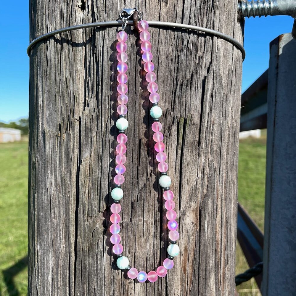 Handmade Pink Beaded Necklace: Y2K Pastel Glass, Shell & Hematite Boho Glass